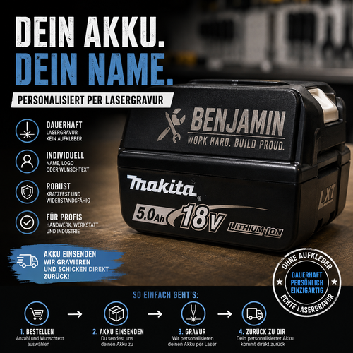 Beispiel für personalisierten Werkzeugakku mit Name und Lasergravur